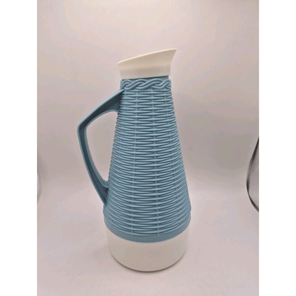 Vintage MCM 1960's Blue Plastic Rattan Basketweave Pattern Pitcher Cottage Core